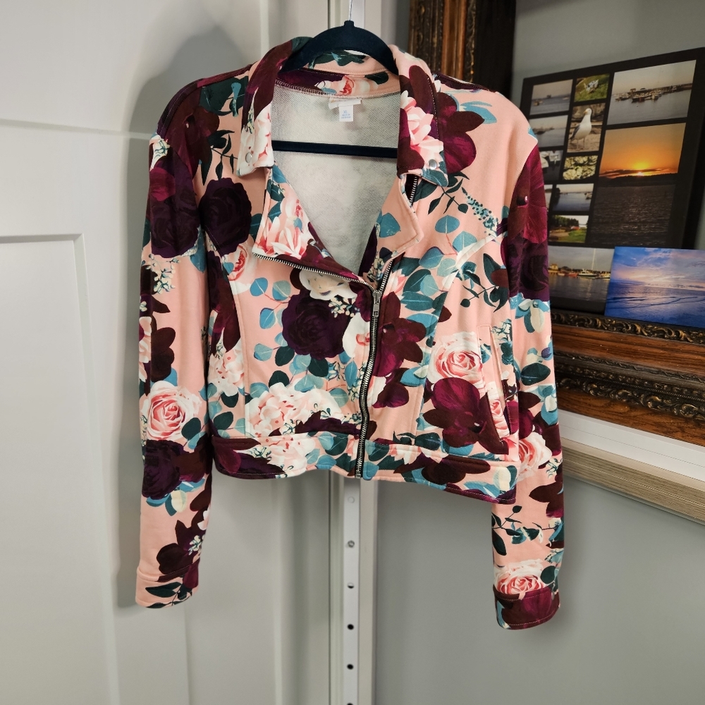 LuLaRoe Floral Cropped Utility Jacket in Pink, Burgundy & Teal